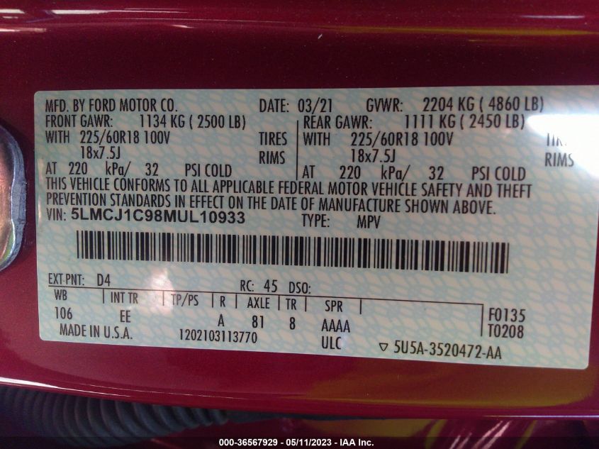 2021 LINCOLN CORSAIR STANDARD - 5LMCJ1C98MUL10933