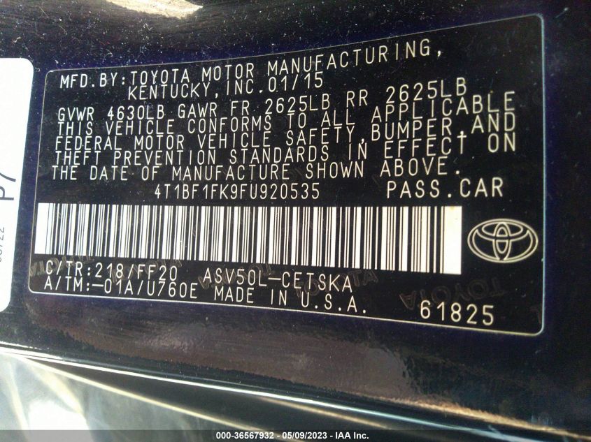 2015 TOYOTA CAMRY XLE/SE/LE/XSE - 4T1BF1FK9FU920535