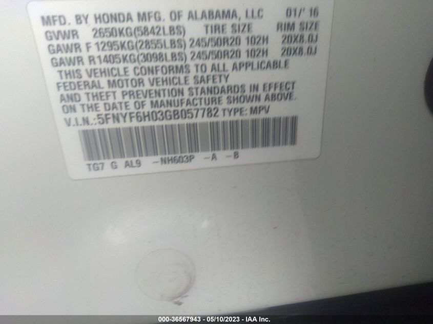 2016 HONDA PILOT ELITE - 5FNYF6H03GB057782