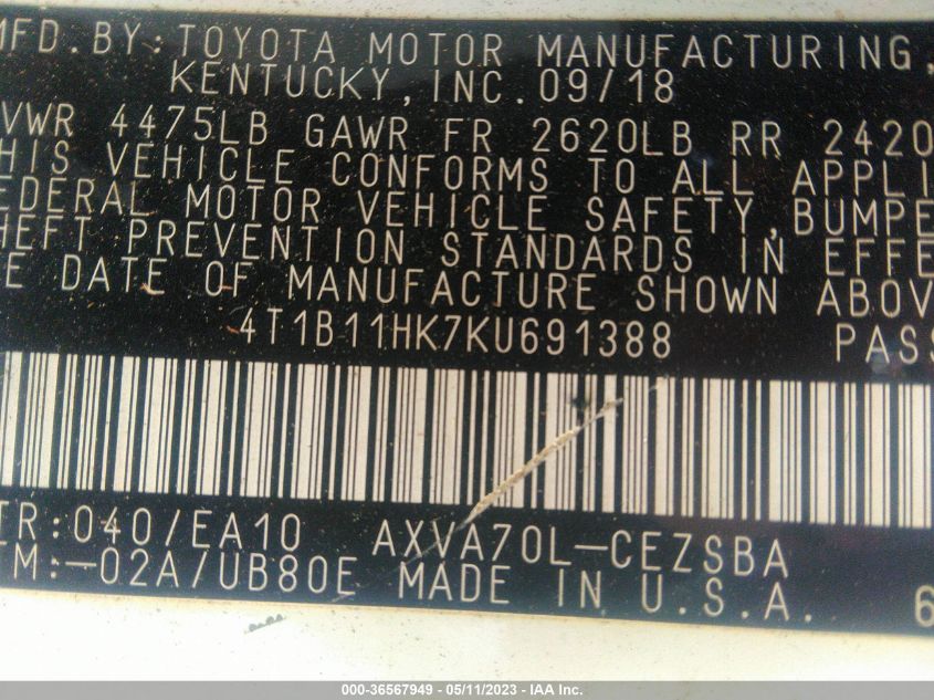 2019 TOYOTA CAMRY LE/SE/XLE/L - 4T1B11HK7KU691388