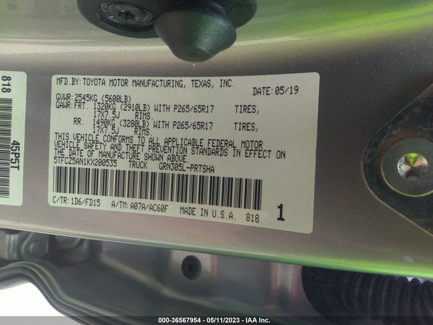 VIN 5TFCZ5AN1KX200535 2019 TOYOTA TACOMA 4WD SR/SR5/TRD SPORT