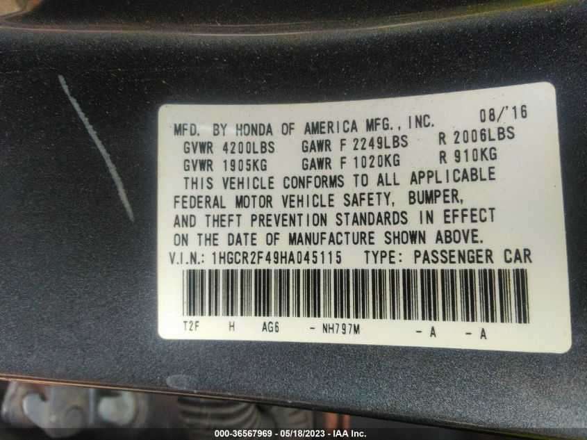 2017 HONDA ACCORD SEDAN LX - 1HGCR2F49HA045115