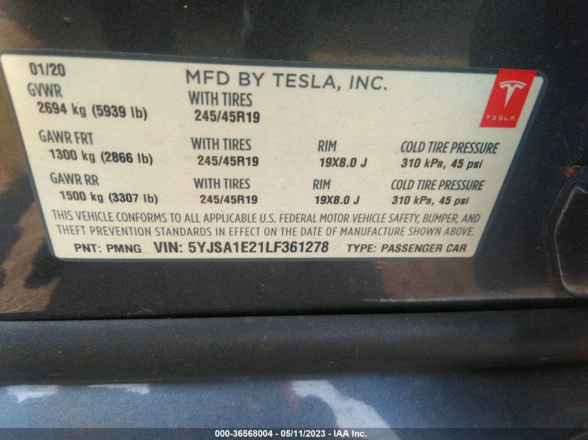 2020 TESLA MODEL S LONG RANGE - 5YJSA1E21LF361278