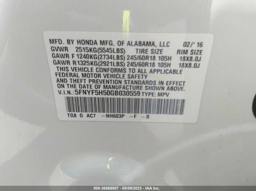 2016 HONDA PILOT EX-L - 5FNYF5H50GB030559