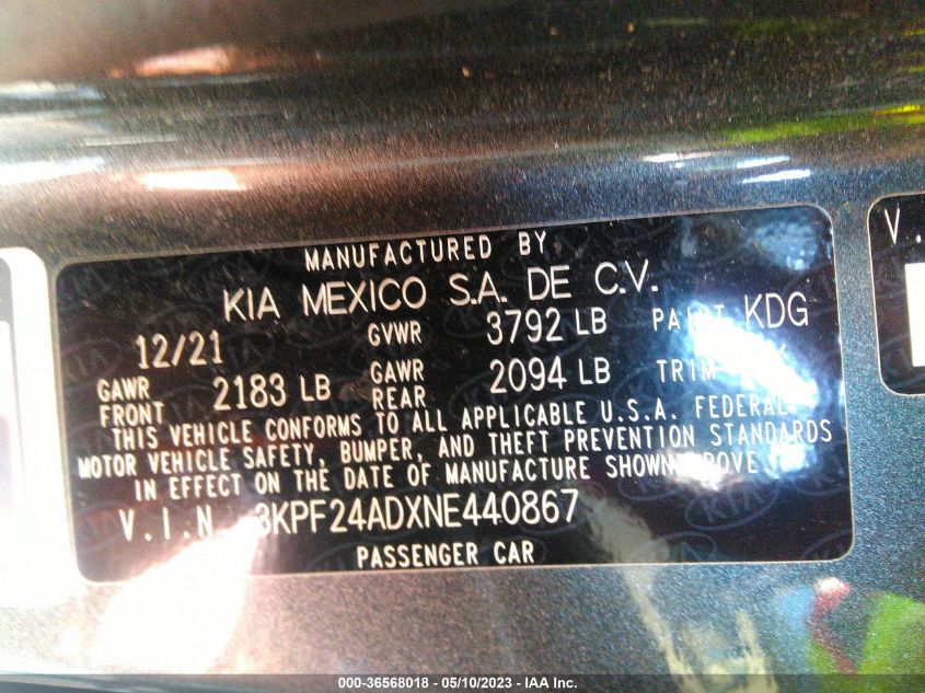 2022 KIA FORTE LXS - 3KPF24ADXNE440867