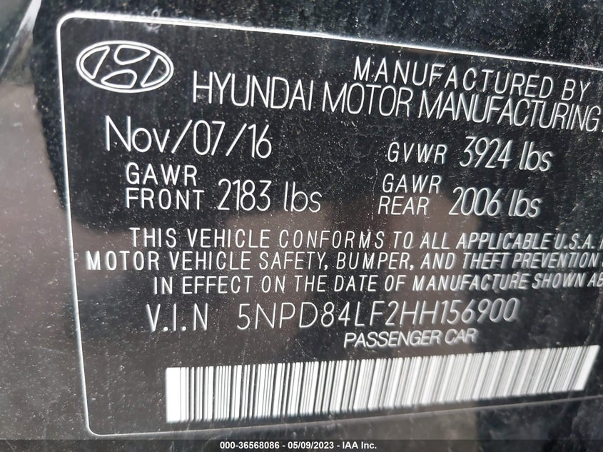 VIN 5NPD84LF2HH156900 2017 HYUNDAI ELANTRA SE