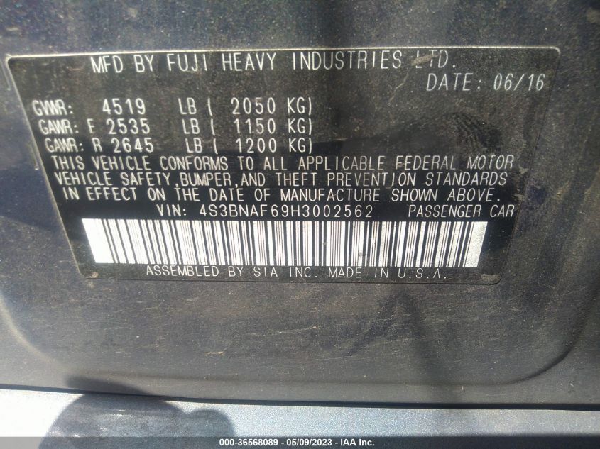 2017 SUBARU LEGACY PREMIUM - 4S3BNAF69H3002562
