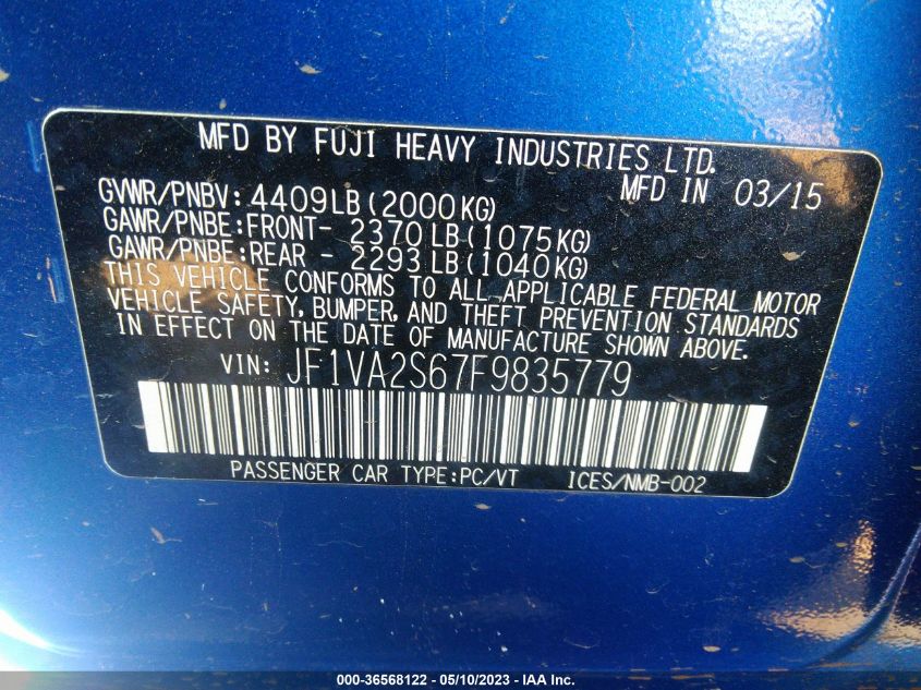 2015 SUBARU WRX STI LIMITED JF1VA2S67F9835779