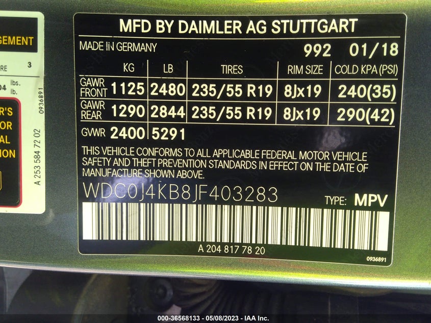 VIN WDC0J4KB8JF403283 2018 MERCEDES-BENZ GLC GLC 300