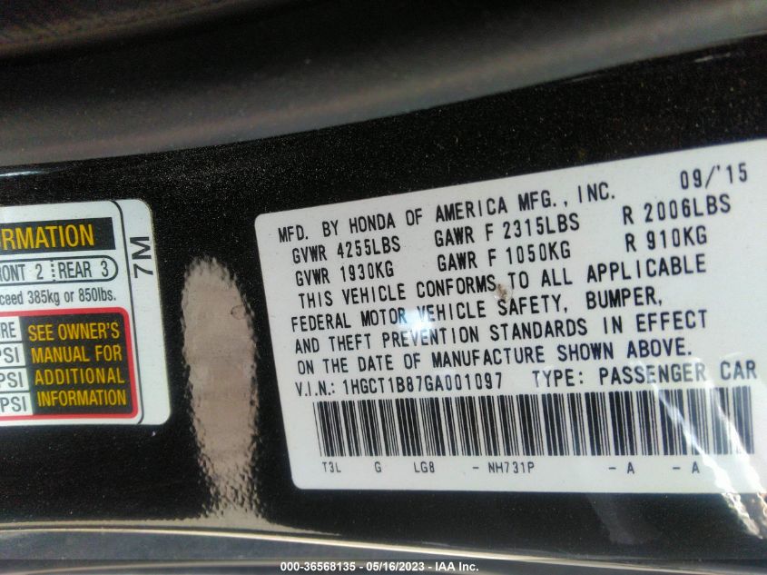 2016 HONDA ACCORD COUPE EX-L - 1HGCT1B87GA001097