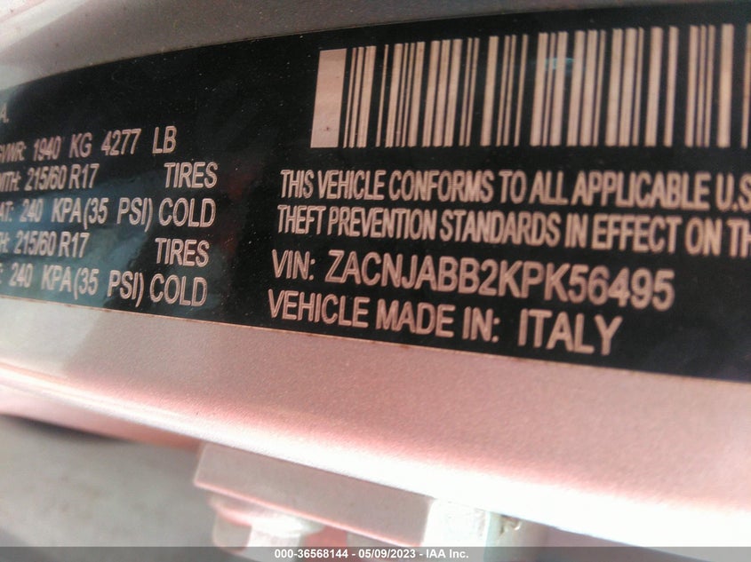 VIN ZACNJABB2KPK56495 2019 JEEP RENEGADE LATITUDE