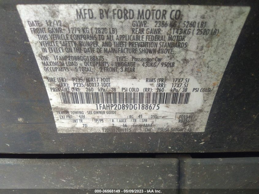 2013 FORD TAURUS SE - 1FAHP2D89DG188675