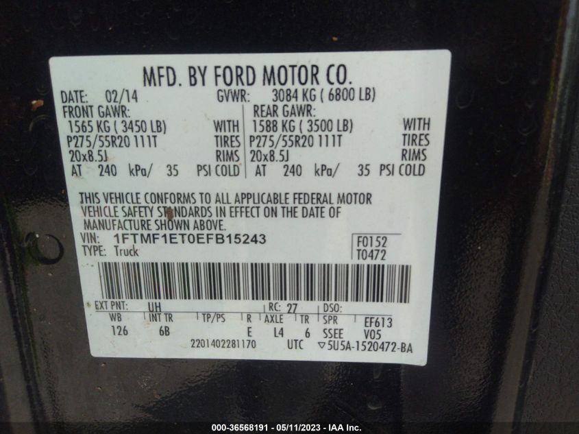 2014 FORD F-150 XL/XLT/FX4 TREMOR - 1FTMF1ET0EFB15243