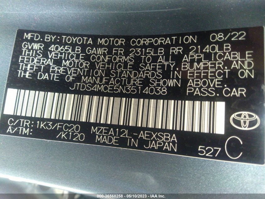 2022 TOYOTA COROLLA SE/SE NIGHTSHADE/APEX SE - JTDS4MCE5N3514038