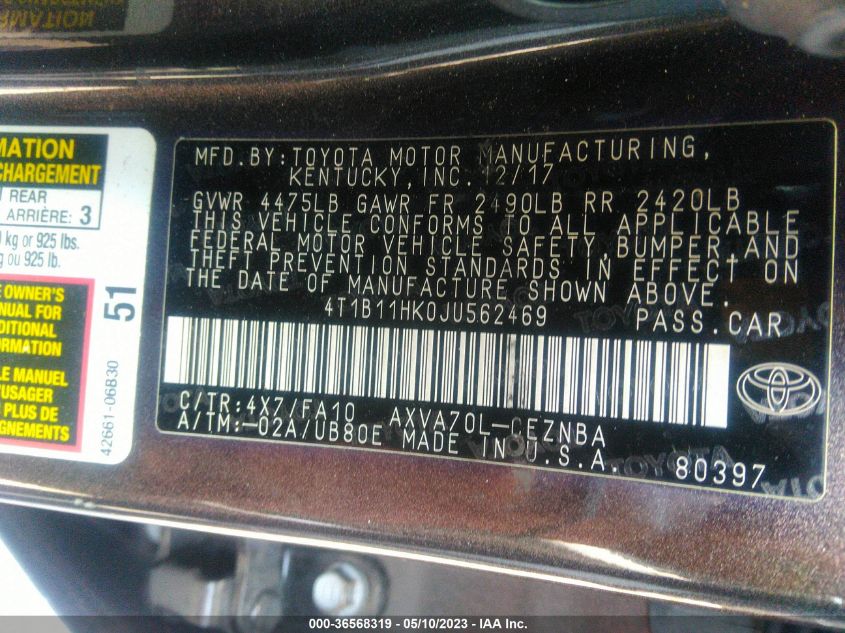 2018 TOYOTA CAMRY LE/SE/XLE/L - 4T1B11HK0JU562469