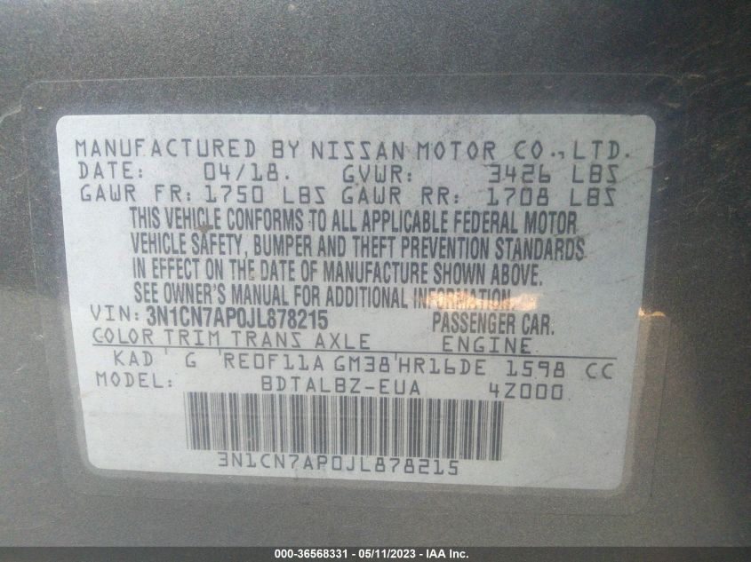 2018 NISSAN VERSA SEDAN SV - 3N1CN7AP0JL878215