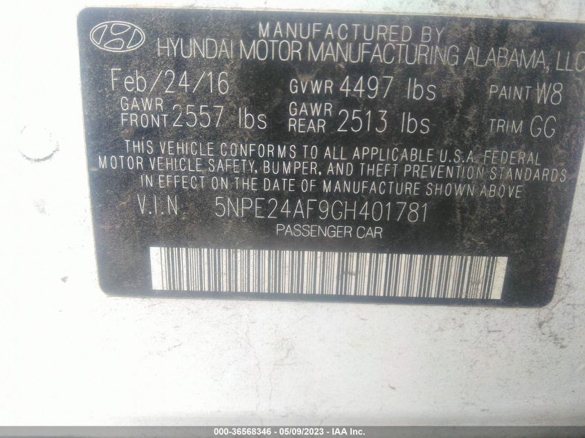 2016 HYUNDAI SONATA 2.4L - 5NPE24AF9GH401781