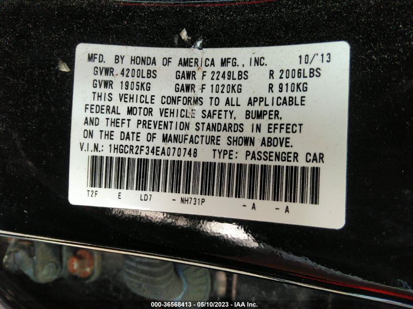2014 HONDA ACCORD SEDAN LX - 1HGCR2F34EA070748
