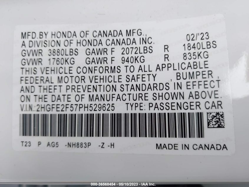 2023 HONDA CIVIC SEDAN SPORT - 2HGFE2F57PH529625