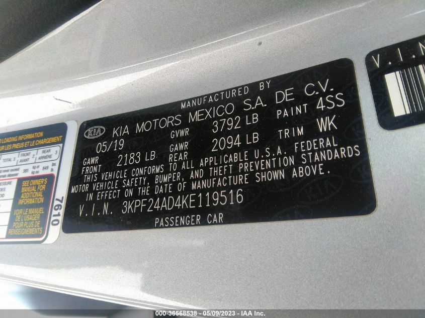 2019 KIA FORTE LXS - 3KPF24AD4KE119516