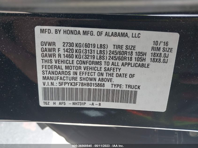 2017 HONDA RIDGELINE RTL-E - 5FPYK3F78HB015868