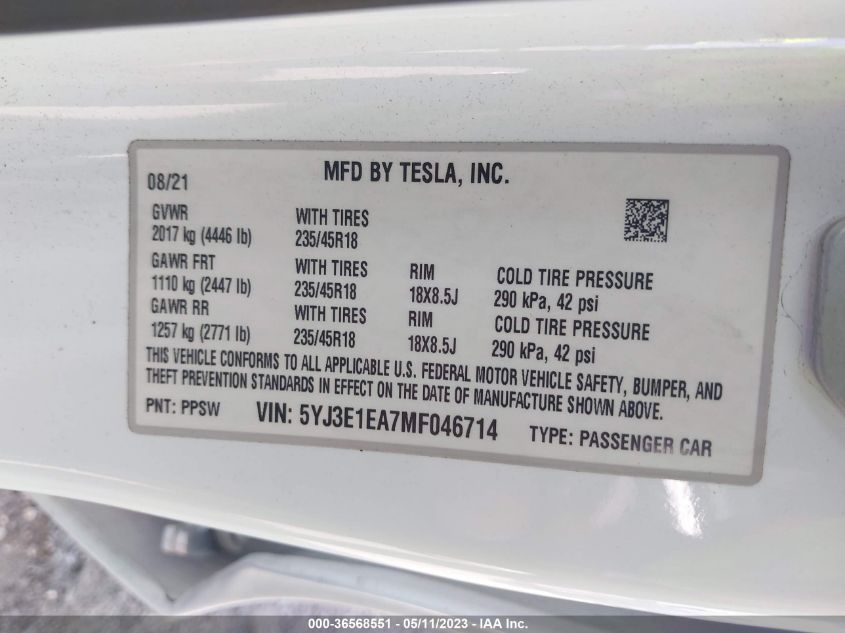 2021 TESLA MODEL 3 STANDARD RANGE PLUS - 5YJ3E1EA7MF046714