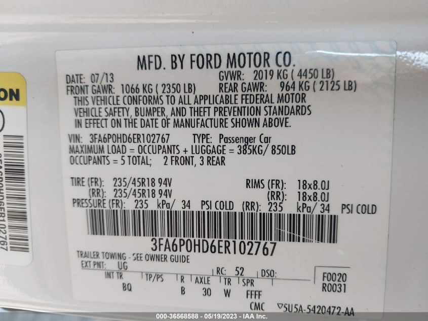 2014 FORD FUSION SE - 3FA6P0HD6ER102767