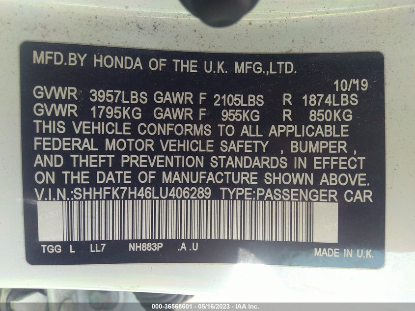 VIN SHHFK7H46LU406289 2020 HONDA CIVIC HATCHBACK SPORT