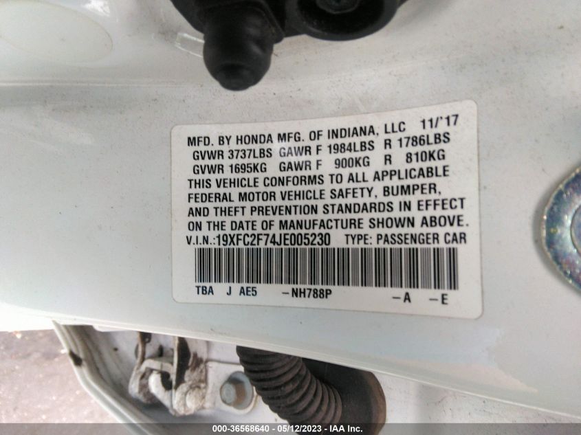 2018 HONDA CIVIC SEDAN EX - 19XFC2F74JE005230