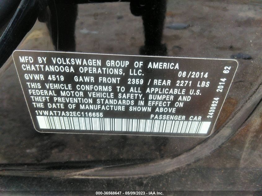 2014 VOLKSWAGEN PASSAT WOLFSBURG ED - 1VWAT7A32EC116655