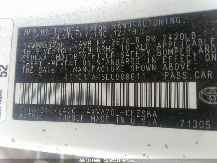 2020 TOYOTA CAMRY SE - 4T1G11AK6LU908611