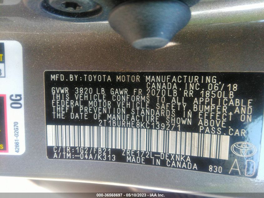 2019 TOYOTA COROLLA L/LE/SE/XLE/XSE - 2T1BURHE8KC139271