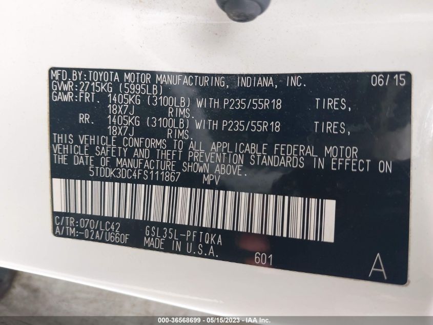 2015 TOYOTA SIENNA LTD/XLE/XLE PREMIUM - 5TDDK3DC4FS111867