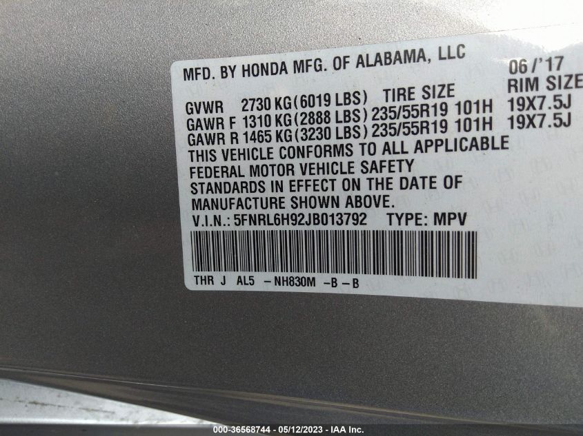 2018 HONDA ODYSSEY ELITE - 5FNRL6H92JB013792
