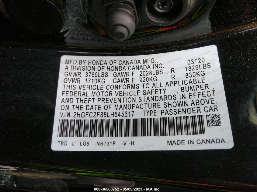 2020 HONDA CIVIC SEDAN SPORT - 2HGFC2F88LH545617