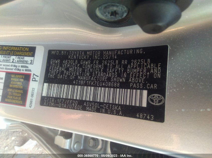 2014 TOYOTA CAMRY L/LE/XLE/SE/SE SPORT - 4T1BF1FK7EU408688