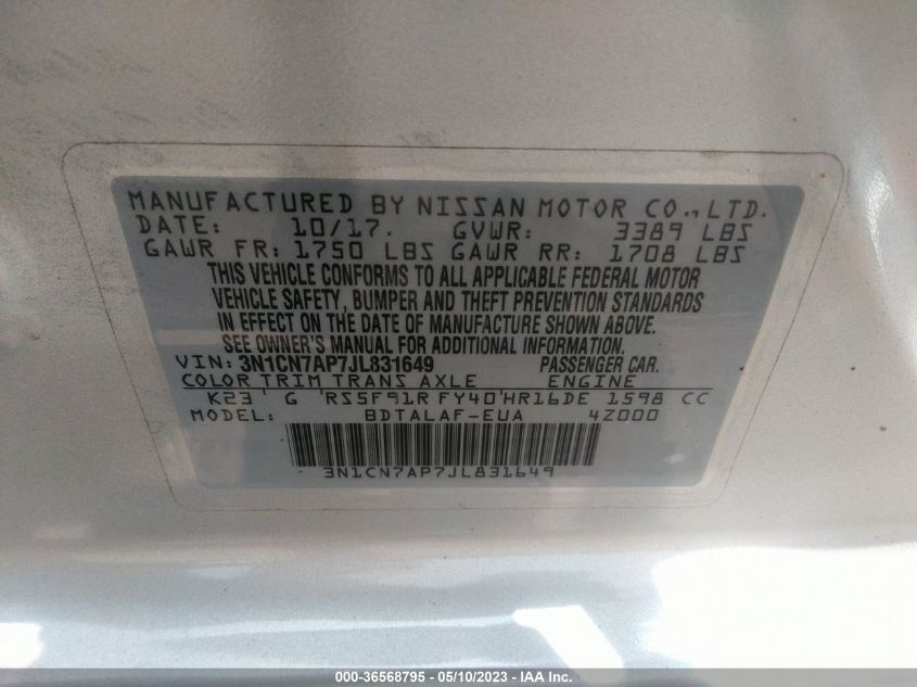 2018 NISSAN VERSA SEDAN S - 3N1CN7AP7JL831649