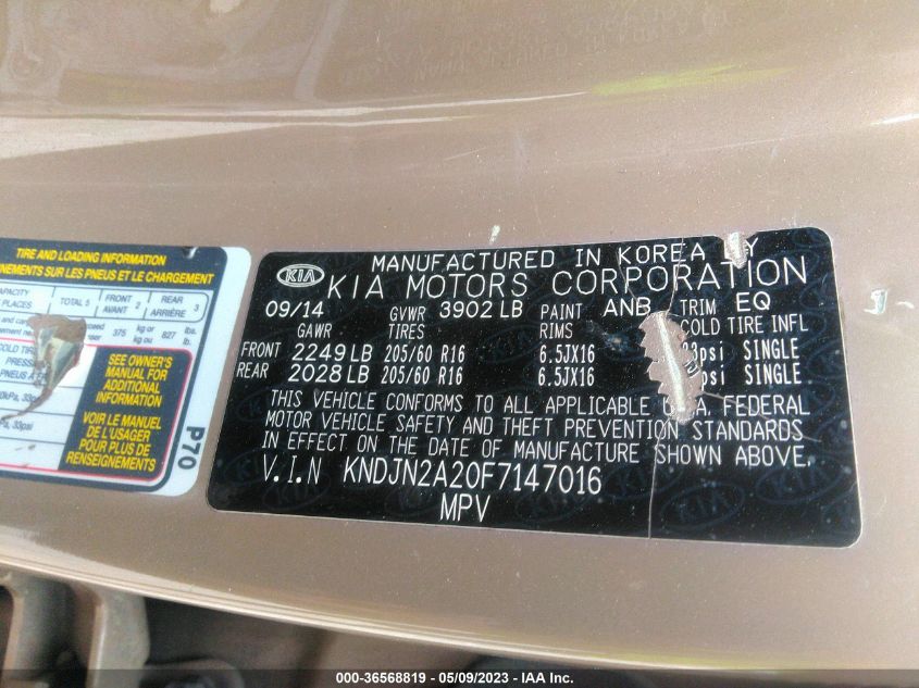 2015 KIA SOUL BASE - KNDJN2A20F7147016