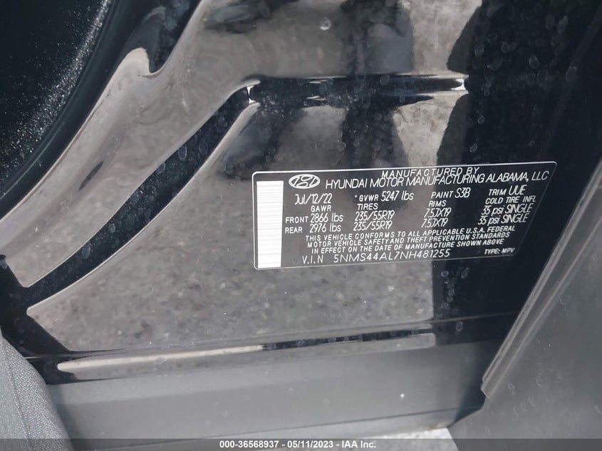 VIN 5NMS44AL7NH481255 2022 HYUNDAI SANTA FE LIMITED