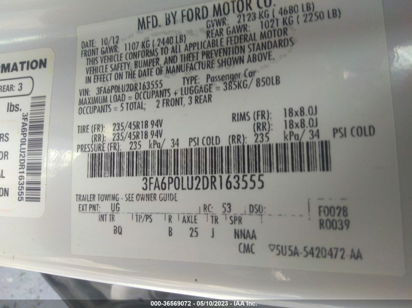 2013 FORD FUSION SE HYBRID - 3FA6P0LU2DR163555