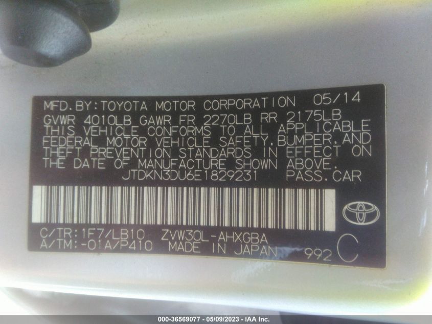 2014 TOYOTA PRIUS FOUR/FIVE/THREE/ONE/TWO - JTDKN3DU6E1829231