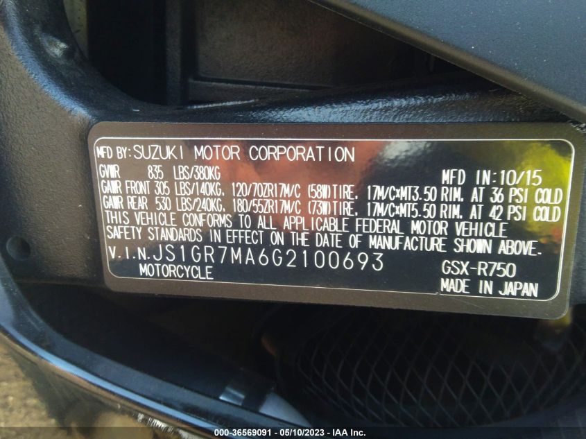 2016 SUZUKI GSX-R750 - JS1GR7MA6G2100693