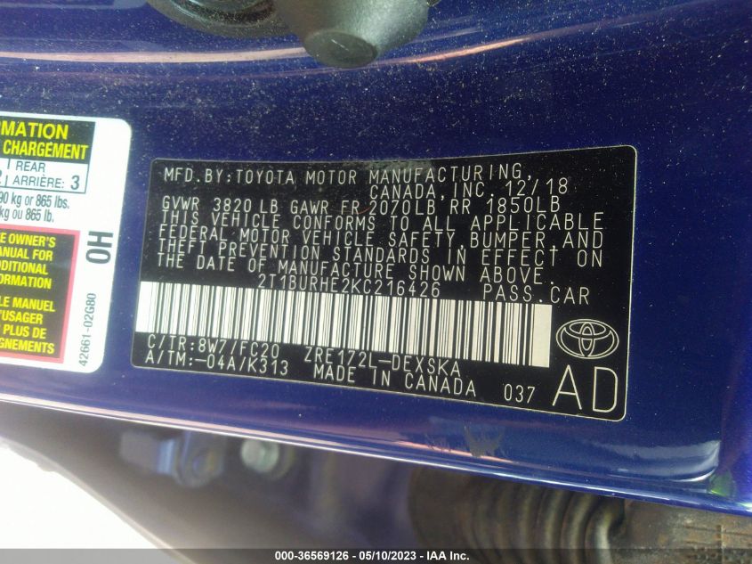 2019 TOYOTA COROLLA L/LE/SE/XLE/XSE - 2T1BURHE2KC216426