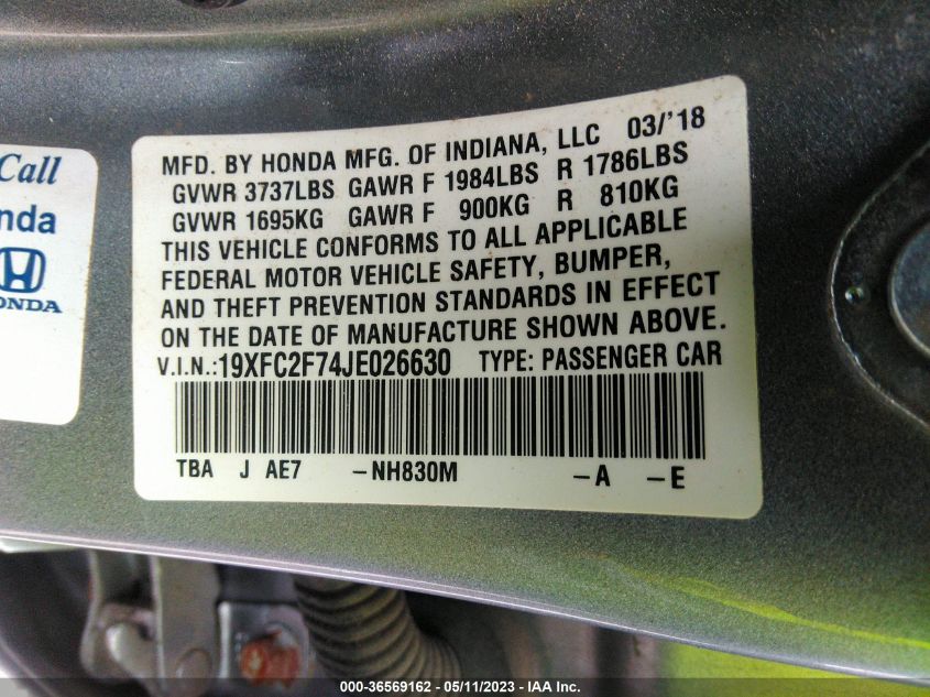 2018 HONDA CIVIC SEDAN EX - 19XFC2F74JE026630