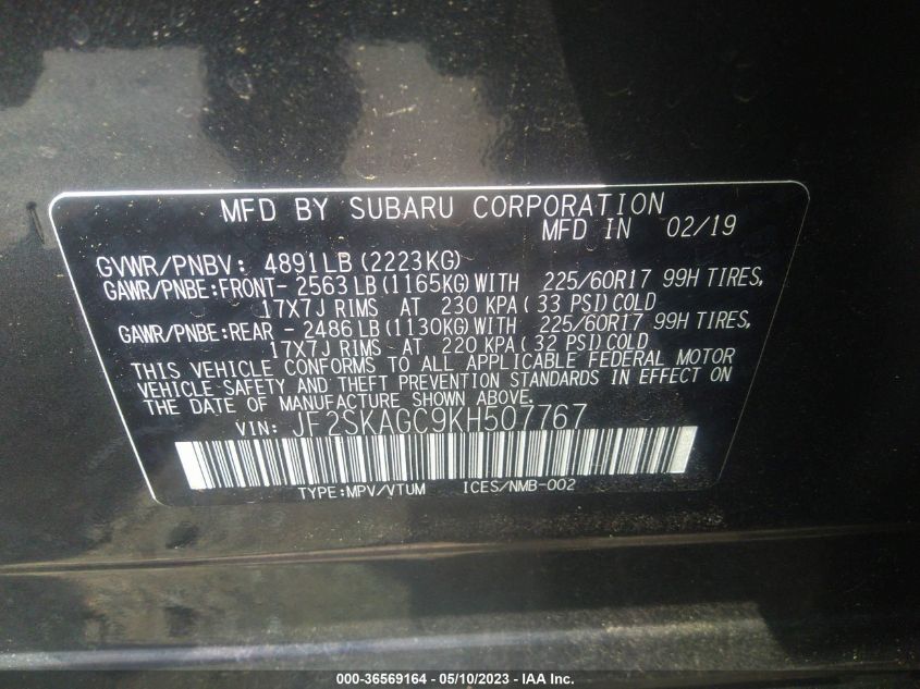 2019 SUBARU FORESTER PREMIUM - JF2SKAGC9KH507767