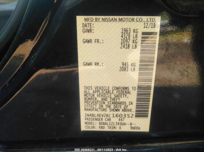 2019 NISSAN ALTIMA 2.5 SL - 1N4BL4EV2KC160352