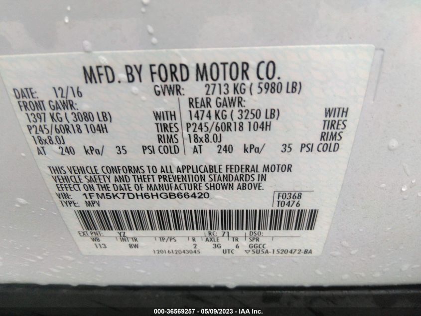 2017 FORD EXPLORER XLT - 1FM5K7DH6HGB66420
