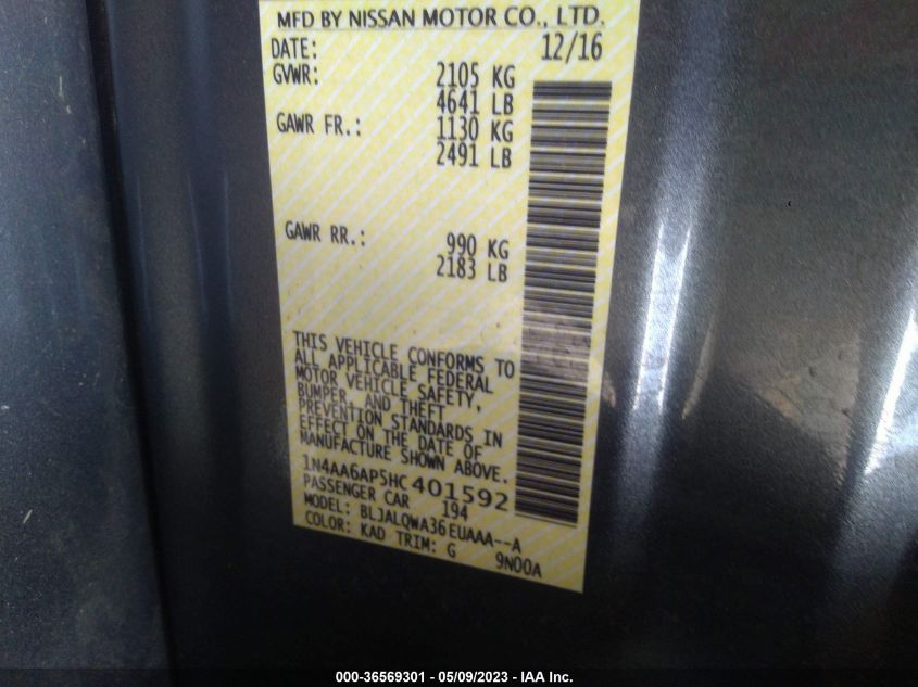 2017 NISSAN MAXIMA S - 1N4AA6AP5HC401592