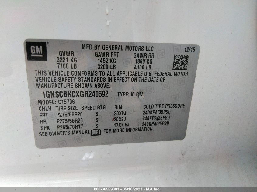 2016 CHEVROLET TAHOE LT - 1GNSCBKCXGR240592