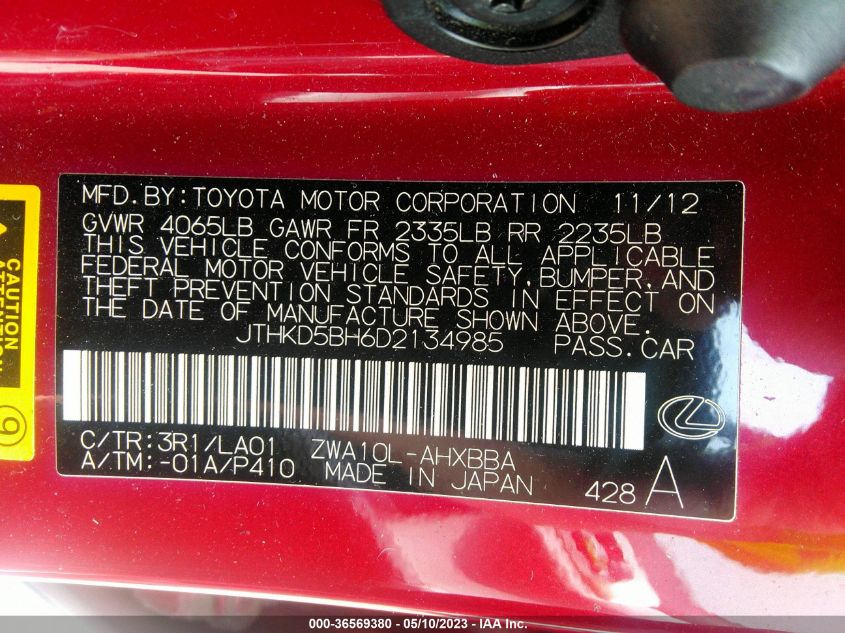 VIN JTHKD5BH6D2134985 2013 LEXUS CT 200H no.9